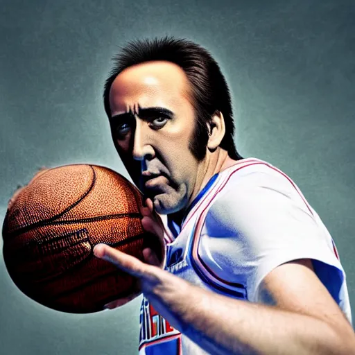 Prompt: nicolas cage as a basketball player, highly detailed photography, 4k