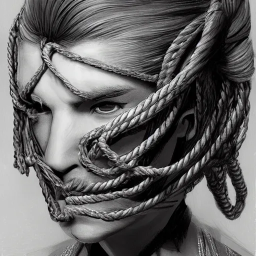 Image similar to portrait of a Shibari rope wrapped face and neck, headshot, insanely nice professional hair style, dramatic hair color, digital painting, of a old 17th century, old cyborg merchant, amber jewels, baroque, ornate clothing, scifi, realistic, hyperdetailed, chiaroscuro, concept art, art by Franz Hals and Jon Foster and Ayami Kojima and Amano and Karol Bak,