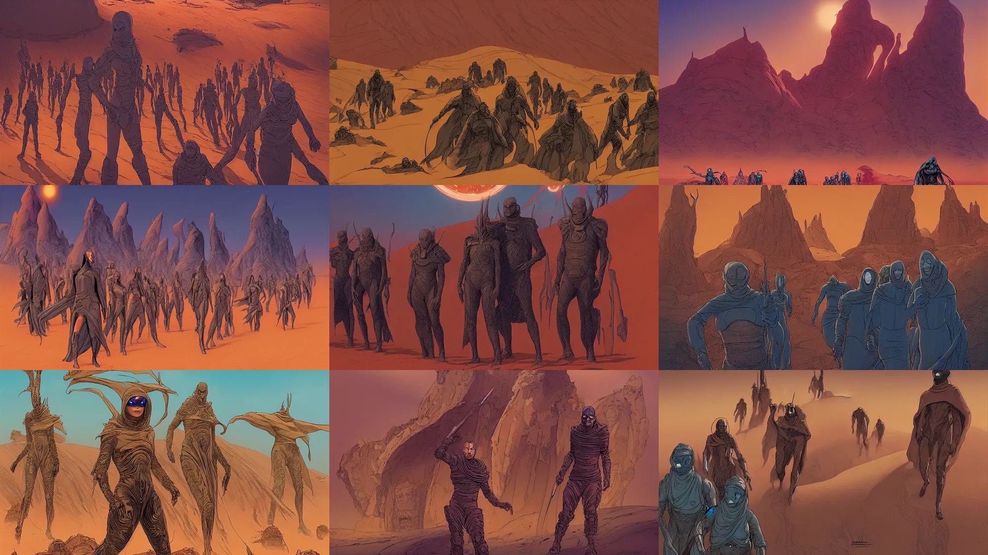 Prompt: dune 2021 by Denis Villeneuve but the Fremen are redesigned to be imaginative creative inhuman aliens by moebius, Jean Giraud, cinematic, widescreen, 4k