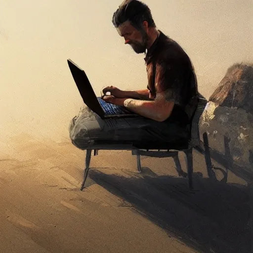 Image similar to concept art of man working on laptop at sunny beach, perfect face, fine details, by greg rutkowski