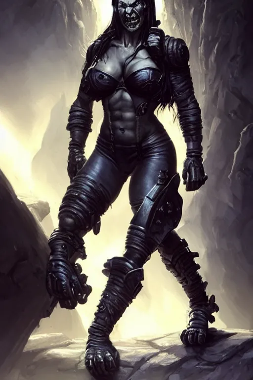 Prompt: gina carano as an ork with prothesis metallic left arm, casual black clothing, muscular, realistic proportions, casual pose, large portrait, sci - fi, shadowrun, rpg character, digital painting, artstation, concept art, smooth, 8 k frostbite 3 engine, ultra detailed, art by artgerm and greg rutkowski and magali villeneuve