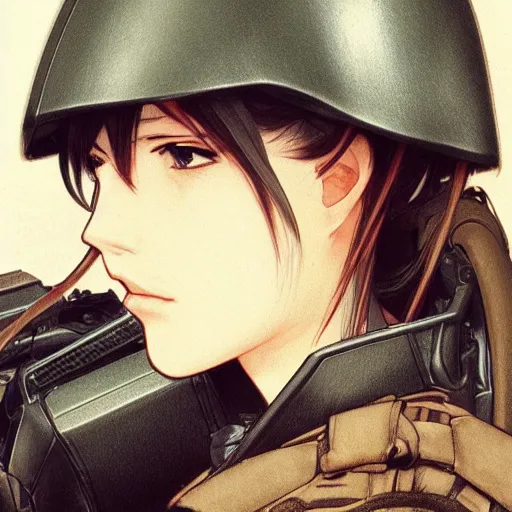 Image similar to side portrait of girl drinking, soldier clothing, combat helmet, anime style, short hair, hair down, symmetrical facial features, from arknights, hyper realistic, 4 k, rule of thirds, extreme detail, detailed drawing, trending artstation, hd, d & d, realistic lighting, by alphonse mucha, greg rutkowski, sharp focus, backlit