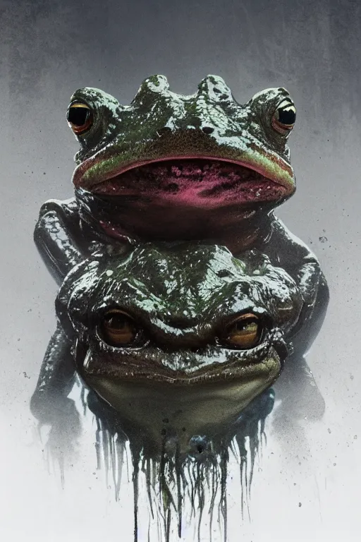 Image similar to a fancy portrait of a monstrous frog by Greg Rutkowski, Sung Choi, Mitchell Mohrhauser, Maciej Kuciara, Johnson Ting, Maxim Verehin, Peter Konig, Bloodborne , 8k photorealistic, cinematic lighting, HD, high details, atmospheric , trending on artstation