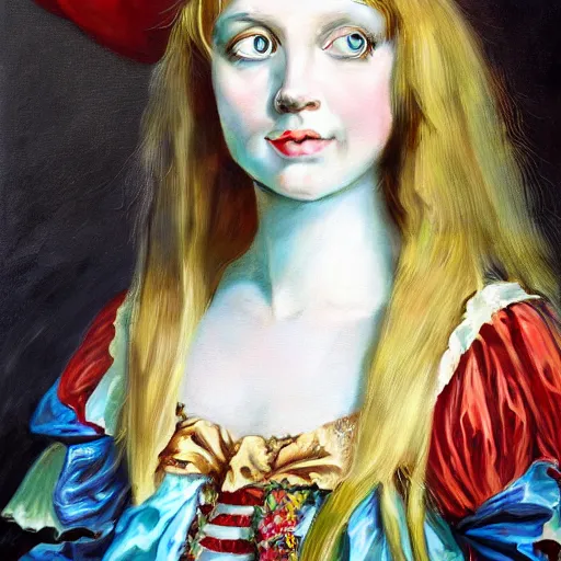 Prompt: A portrait of Alice from Wonderland, oil painting, majestic, detailed, high resolution, high detail, sharp