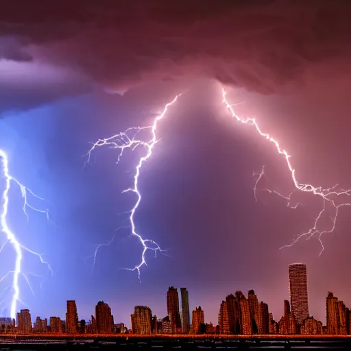 Image similar to lightning striking the World Trade Center, hyperrealistic, apocalyptic, blue, thunderstorm, night, award winning, 8k