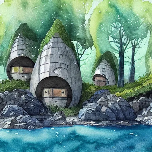 Image similar to beautiful happy picturesque charming organic sci - fi pod homes in a beautiful natural scene. water, trees and rocks. beautiful light. grainy and rough. soft colour scheme. beautiful artistic detailed watercolor by lurid. ( 2 0 2 2 )