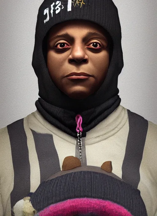 Image similar to ski mask the slump god as a fall guys character, au naturel, hyper detailed, digital art, trending in artstation, cinematic lighting, studio quality, smooth render, unreal engine 5 rendered, octane rendered, art style by klimt and nixeu and ian sprigger and wlop and krenz cushart