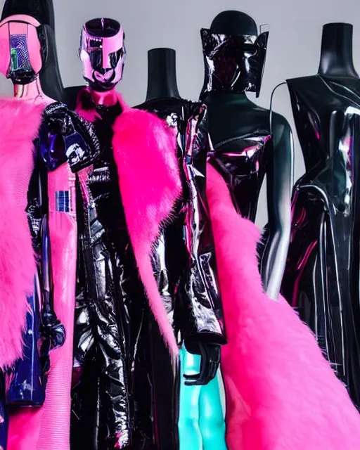 Image similar to an award winning fashion photograph of Balenciaga's fashion week 2049, cyberpunk, futuristic, Bladerunner 2049, dazzle camouflage!, dayglo pink, dayglo blue, raven black, corporate