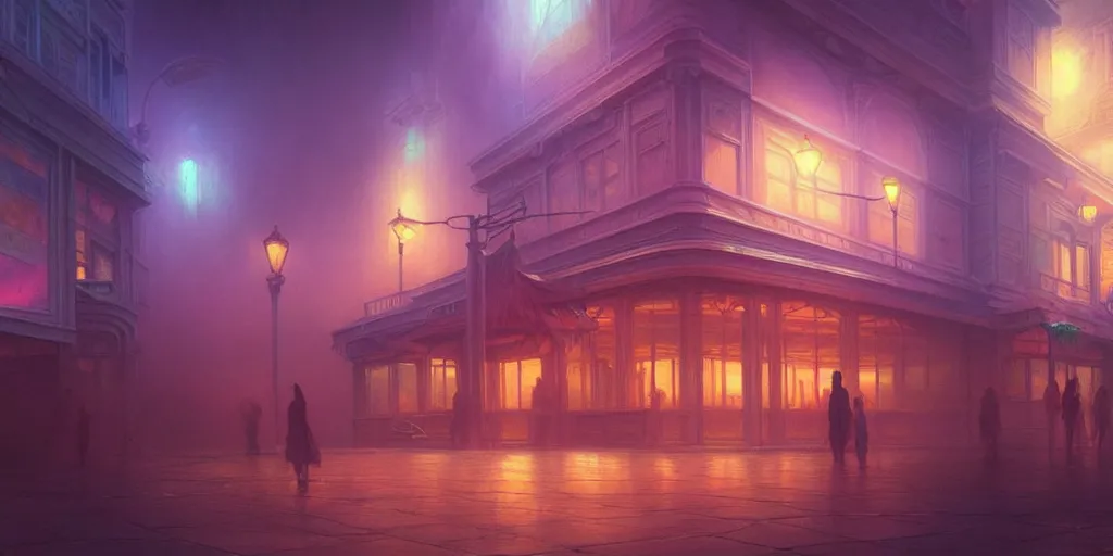 Image similar to concept art of a vaporwave palace made of pizza, illuminated fog, depth of field, cinematic lights, deep focus, intricate, elegant, highly detailed, foggy, mysterious, digital painting, artstation, concept art, matte, sharp focus, art by artgerm and greg rutkowski and alphonse mucha