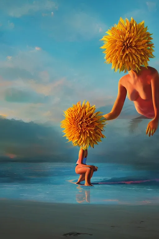 Image similar to closeup giant dahlia flower head, girl sitting on beach, surreal photography, blue sky, sunrise, dramatic light, impressionist painting, digital painting, artstation, simon stalenhag