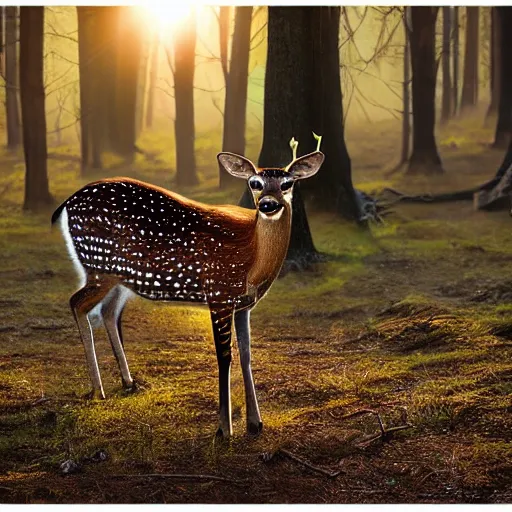 Image similar to a beautiful spotted deer in the woods lit by the morning sky, sunrise, chital, photorealistic, by annie leibovitz and steve mccurry, natural light, canon eos c 3 0 0, ƒ 1. 8, 3 5 mm, 8 k, medium - format print