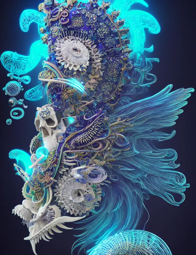 Image similar to 3 d goddess close - up profile solarpunk portrait ram skull. beautiful intricately detailed japanese crow kitsune mask and clasical japanese kimono. betta fish, jellyfish phoenix, bio luminescent, plasma, ice, water, wind, creature, artwork by tooth wu and wlop and beeple and greg rutkowski