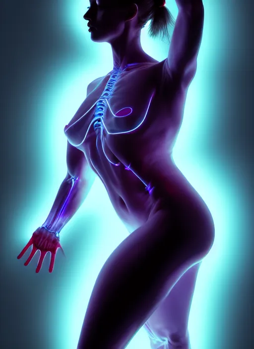 Image similar to female posing sensual figure x - ray, glowing veins under translucent skin, sigma 5 0 0 mm f / 5. bioluminescent, plasma, greg rutkowski, 8 k trending on artstation,
