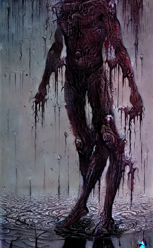 Image similar to a character reflection in a puddle by wayne barlowe, horror style, gritty, distopian