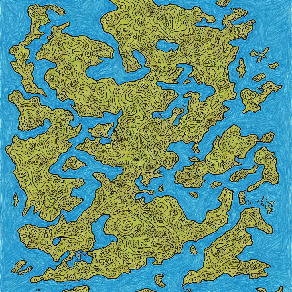 Image similar to fantasy map, art by allixander maps, acrylic drawing, fantasy, world, bright, clear, simple, sharpened