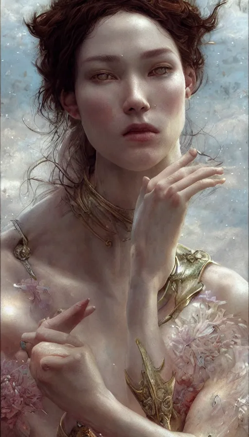 Image similar to epic masterpiece carnivale, sweaty skin, hyperrealistic, octane render, cinematic, beautiful face and flawless skin, perfect hands, 5 fingers, by Edgar Maxence and Ross Tran and Michael Whelan, Legends of Runeterra