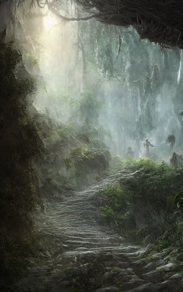 Image similar to the journey of life, each stage is a step in a stairway, detailed, 4 k, octane, a person walking up a set of stairs in the woods, a detailed matte painting by huang ding, cgsociety, fantasy art, mystical, made of mist, matte painting