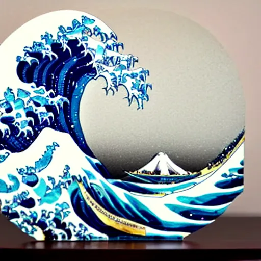 Image similar to a white and blue sculpture of The Great Wave off Kanagawa on a table