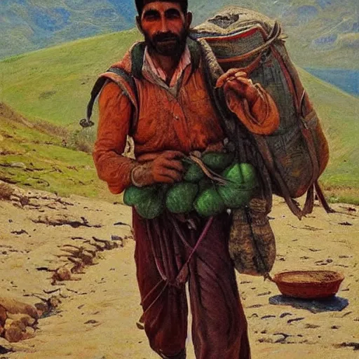 Image similar to kurdish man walking up a mountain with a huge backpack on with bags of rice attached on, beautiful painting by henry justice ford, incredible detail, award winning art