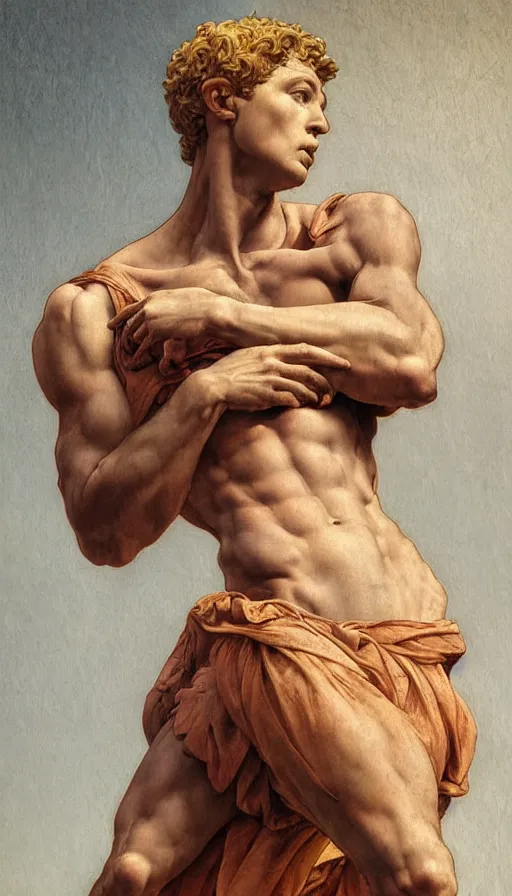 Image similar to Michelangelo\'s David, highly detailed, digital painting, artstation, concept art, smooth, sharp focus, illustration, ArtStation, art by artgerm and greg rutkowski and alphonse mucha and J. C. Leyendecker and Edmund Blair Leighton and Katsuhiro Otomo and Geof Darrow and Phil hale and Ashley wood and Ilya repin and Charlie Bowater