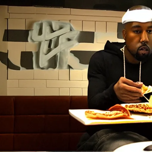 Image similar to blurry, gopro footage of kanye west eating at taco bell, cinematic, volumetric lighting, night, rain