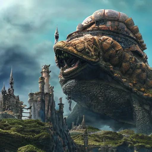 Image similar to large fantasy castle rising from the top of a giant tortoise, towering over a harsh barren wasteland, howls moving castle, mortal engines, kaiju, distant - mid - shot, fantasy, hyper detailed, 4 k