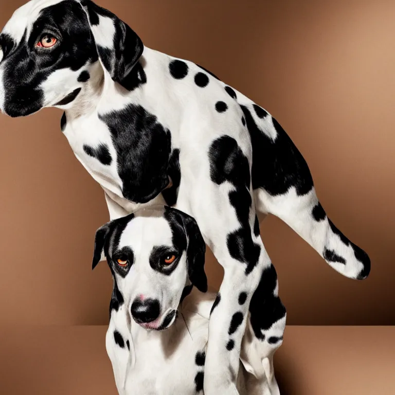Image similar to vogue photoshoot octane render portrait of 1 0 1 dalmatian with white background, focus bright colorful pastel exotic vintage boutique hotel lounge, very short depth of field, bokeh
