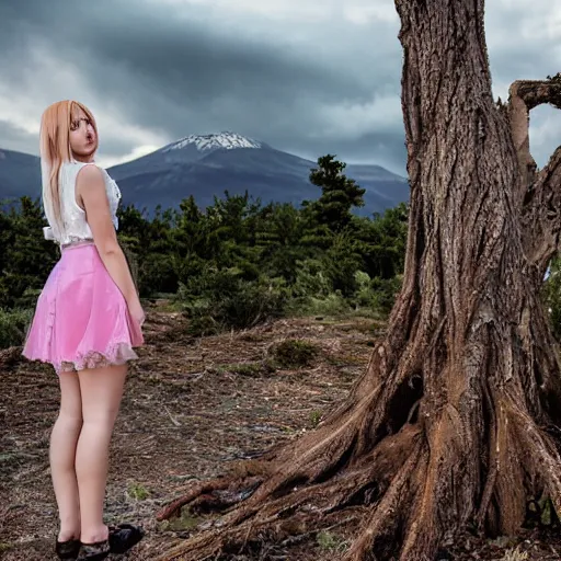 Prompt: misa amane looking away, standing near a dead tree with mountain in the background, sunset with cloudy skies, in a different realm, award winning dslr photography, clear image, global illumination, radiant lighting, intricate environment