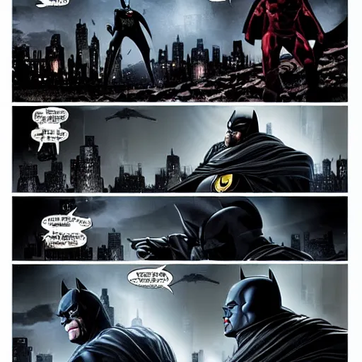 Image similar to batman and iron man meeting in a dark gothic city, very detailed, ultra realistic, cinematic