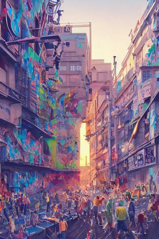 Image similar to people in a busy city people looking at a white building covered with a 3d graffiti mural with paint dripping down to the floor, professional illustration by artgerm, painterly, yoshitaka Amano, hiroshi yoshida, moebius, loish, painterly, and james jean, illustration, sunset lighting