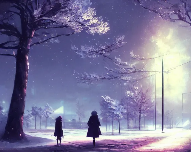 Image similar to scenery artwork, scene beautiful, light!! light essential calm and cozy winter world snow and night, surrealism oil on canvas, artstation!! pixiv!! dream scenery, quality nier : automata projection render, nier automata concept art, vaporwave textures