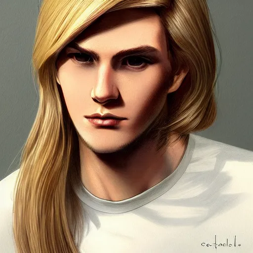 Image similar to a young blond man with long hair wearing a brown shirt, clean shaved, a character portrait by lydia field emmet, trending on cg society, photorealism, wiccan, handsome, ilya kuvshinov