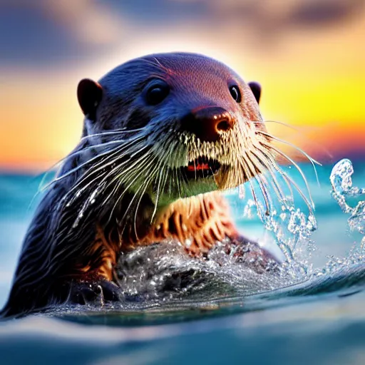 Prompt: a closeup photorealistic photograph of a cute otter - cat hybrid splashing in the surf during sunset. professional capture, well lit shot. this 4 k hd image is trending on artstation, featured on behance, well - rendered, extra crisp, features intricate detail, epic composition and the style of unreal engine.