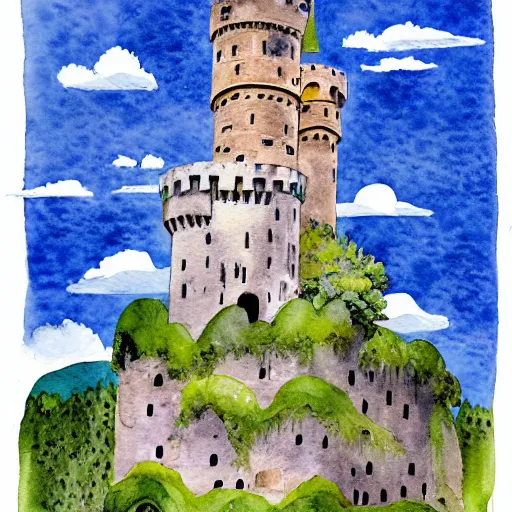 Image similar to laputa castle in the sky flying high in the sky, watercolor illustration for a book