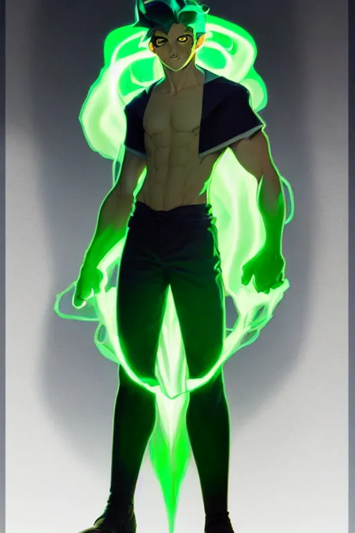 Prompt: a full body character design by artgerm, cushart krenz, greg rutkowski and alphonse mucha. young danny phantom!! glowing green eyes!! sharp teeth!! symmetrical background, face sharp edges. ultra clear detailed. 8 k. ultra detailed, elegant, intricate, octane render.