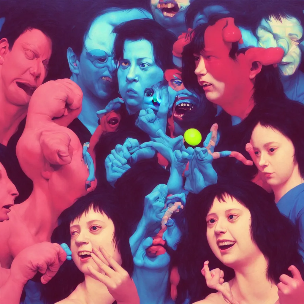 Prompt: happy and disturbing portrait of todd solondz punching a woman, smiling, vivid colors, neon, art by ( ( ( kuvshinov ilya ) ) ) and wayne barlowe and francis bacon and artgerm and wlop and william - adolphe bouguereau