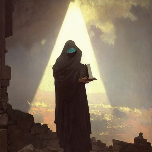 Image similar to half portait of magican wearing a closed cowl and big old book! chained to the wrist, jeremy mann, jean - leon gerome, tiepolo, alphonse mucha, greg rutkowski, face in the shadows, ( ( ruins of ancient rome ) ), at dusk, mysterious atmosphere, sunrays, dof, high detailed, 8 k