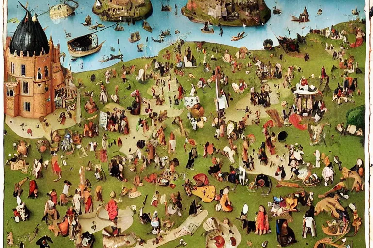 Image similar to an elaborate and dense painting of a kids road carpet map, detailed, made of alcohol ink on parchment and penned illustrations, by wes anderson and ( ( ( ( ( hieronymus bosch ) ) ) ) ) and geoff darrow!!!!!