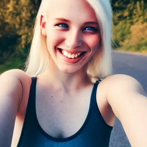 Image similar to beautiful selfie of a cute thin young woman smiling smugly, long light platinum blonde hair, flushed face, small heart - shaped face, cute freckles, light blue eyes, golden hour, 8 k, instagram