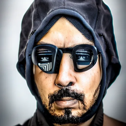 Image similar to a cyberpunk cholo wearing futuristic urban clothing full shot photographic portrait