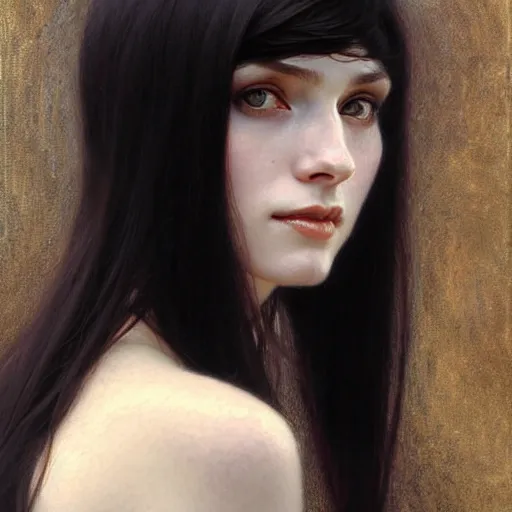 Image similar to Portrait of a beautiful, pale skin, female with long black hair, dark brown eyes, gentle smiling expression, elegant clothing, photorealistic, highly detailed, artstation, smooth, sharp focus, art by Klimt, artgerm, Greg Rutkowski and Alphonse Mucha