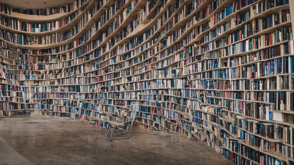 Prompt: infinite tunnel made of curved bookshelfs, leica summilux 3 5 mm f / 1. 4,