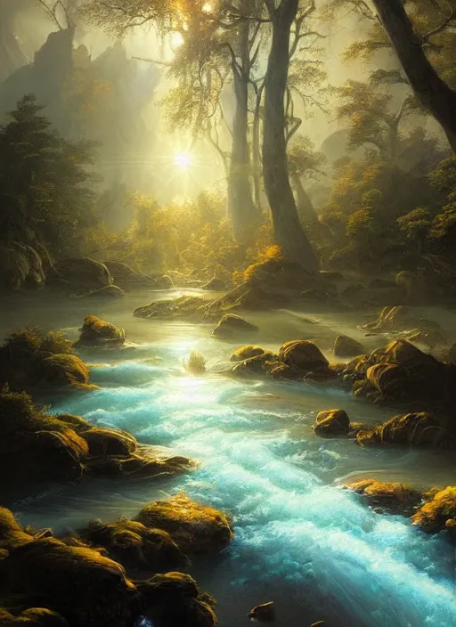 Image similar to detailed river, light shafts, stunning atmosphere, naturalistic art by asher brown durand, inspired by peter mohrbacher