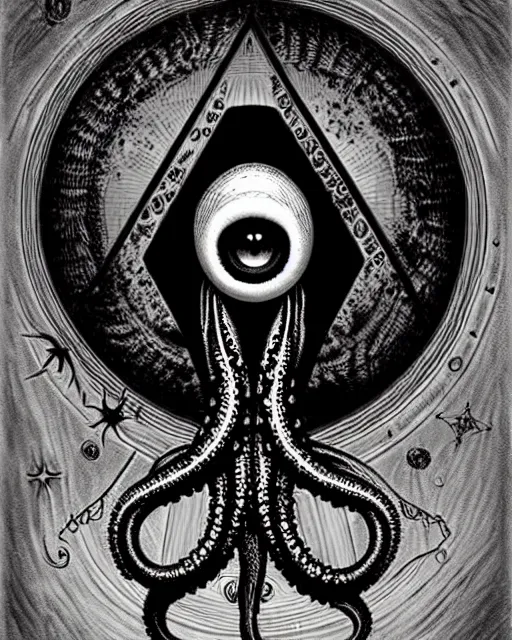 Image similar to photorealistic gothic witchcraft occult illuminate all seeing eye with tentacles, necronomicon, cosmic, by brom