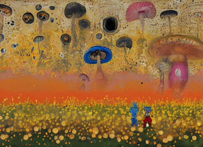 Image similar to expressionistic, pixels, decollage painting golden armor alien zombie horseman riding on a crystal bone dragon broken rainbow diamond maggot horse in a blossoming meadow full of colorful mushrooms and golden foil toad blobs in a golden sunset, distant forest horizon, painted by Mark Rothko, Helen Frankenthaler, Danny Fox and Hilma af Klint, low bit, pixel mosaic, semiabstract, color field painting, byzantine art, voxel art, pop art look, naive, outsider art. Barnett Newman painting, part by Philip Guston and Frank Stella art by Adrian Ghenie, 8k, extreme detail, intricate detail, masterpiece