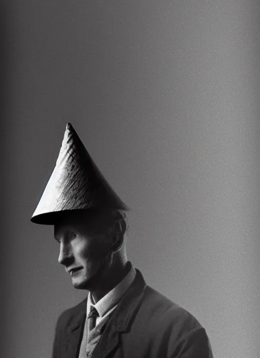 Prompt: realistic photo of a a scientist medieval wooden cone hat, covered in tesla electricity aura, greyscale 1 9 9 0, life magazine photo, natural colors,