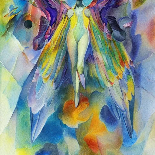 Prompt: prismatic technological iridescent lake angle goose archangel crystalline mist , by Karol Bak and Georgia O'Keefee and Arshile Gorky , watercolor , abstract , An American propaganda