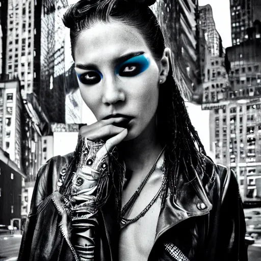 Image similar to closeup portrait of a cyberpunk princess in smoky cyberpunk new york, by Steve McCurry and David Lazar, natural light, detailed face, CANON Eos C300, ƒ1.8, 35mm, 8K, medium-format print