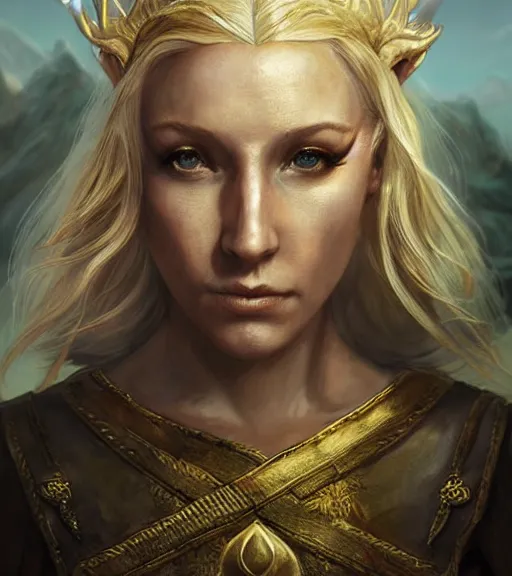 Image similar to the elder scrolls vi a portrait of a blond elven princess warrior portrait near the epic entrance to a city, atmospheric lighting, painted, menacing, intricate, volumetric lighting, beautiful, ( golden hour ), sharp focus, ultra detailed, by leesha hannigan, ross tran, thierry doizon, kai carpenter, ignacio fernandez rios