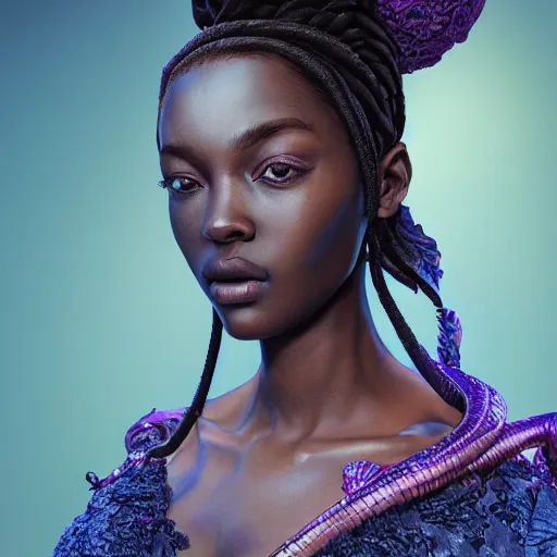 Prompt: the portrait of a blueberry that resembles an absurdly beautiful, graceful, elegant, sophisticated young black woman, an ultrafine hyperdetailed illustration by kim jung gi, irakli nadar, intricate linework, bright colors, octopath traveler, final fantasy, unreal engine 5 highly rendered, global illumination, radiant light, detailed and intricate environment